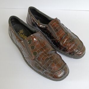 Rieker Womens Brown Patent Leather Croc Antistress Comfort Slip-On Loafer